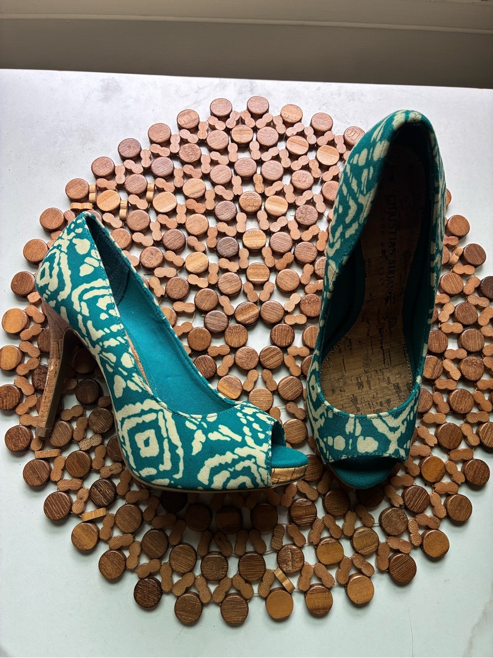 Christian Siriano Teal and Cream Peep-Toe High Heels
